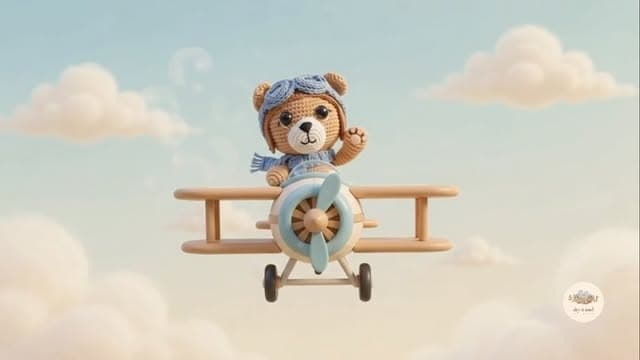 Crochet pilot bear waving from a small airplane