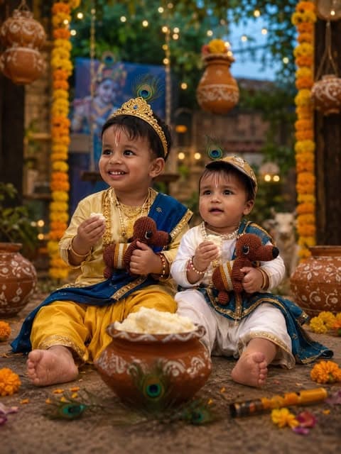 Two children in festive dress holding crochet toys