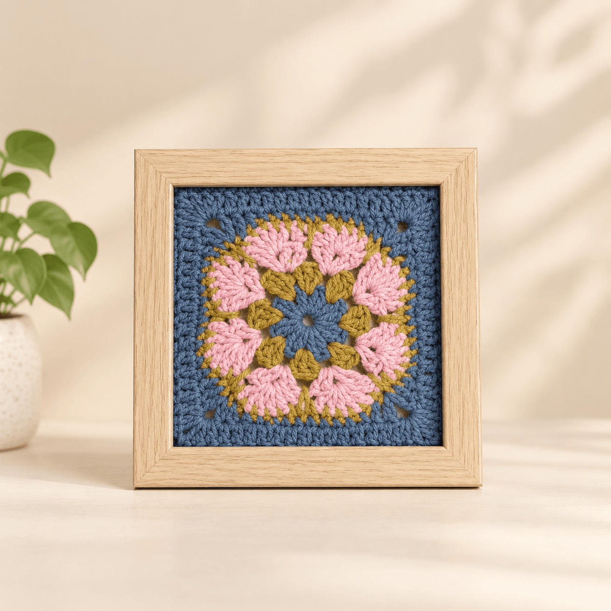 Pink garden on blue, light frame