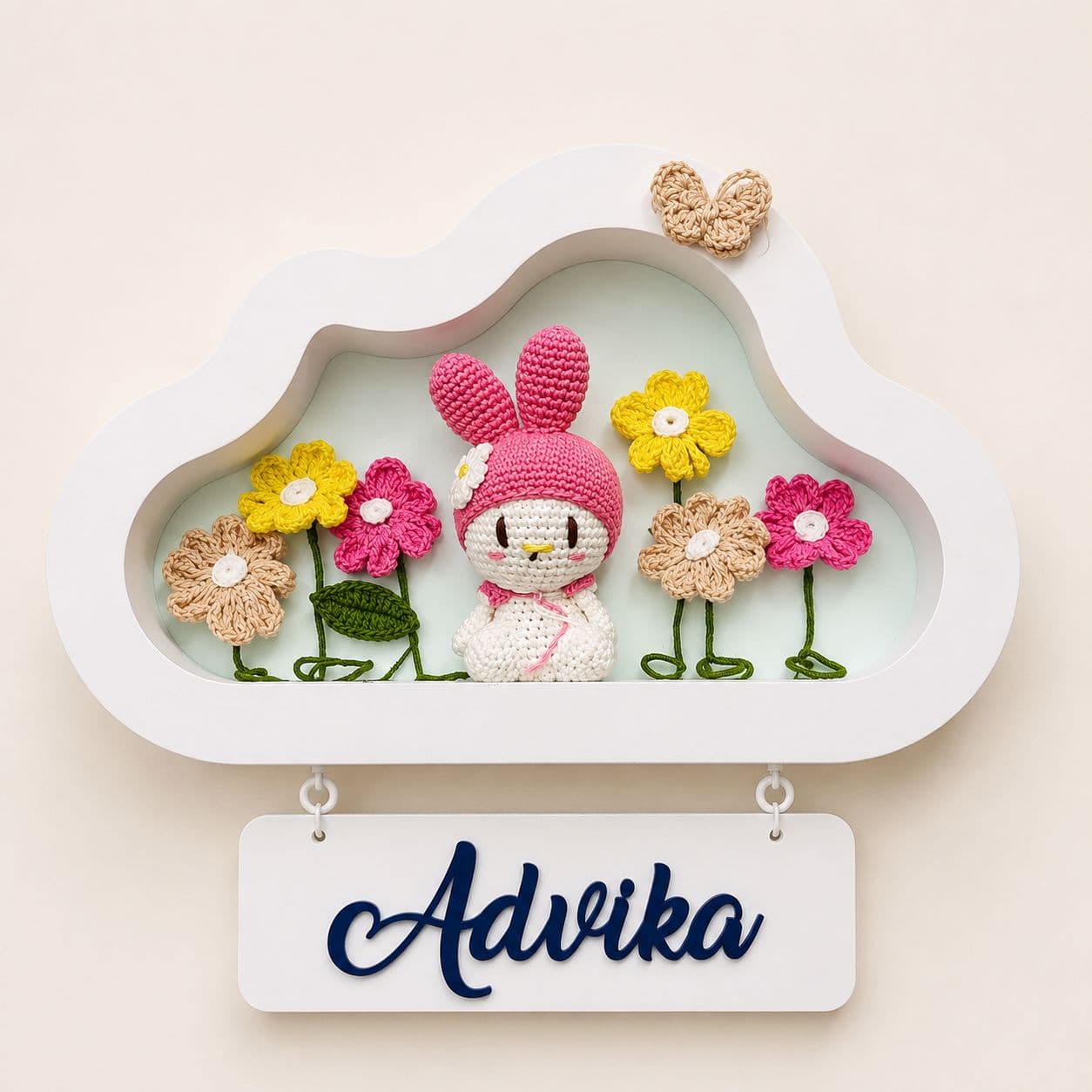 Little Meadow half-cloud frame with a crochet bunny and flowers